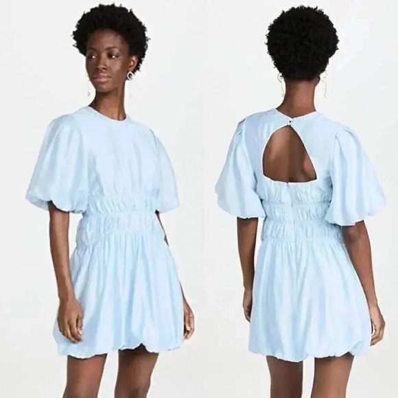 NEW Jonathan Simkhai Echo Organdy Bubble Dress Cove Blue Linen Preppy Mini - Picture 1 of 8